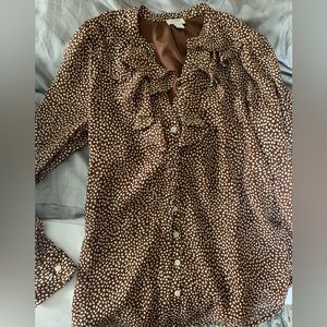 JCrew Factory Brown Polka Dotted Ruffle neck button down shirt